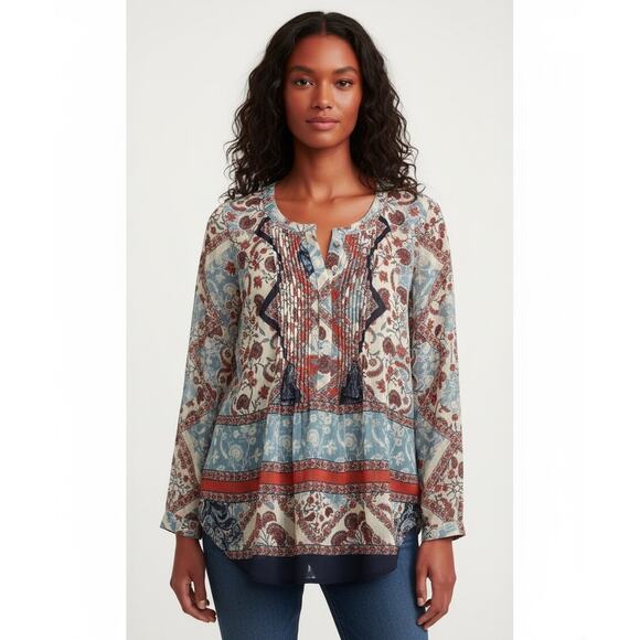 NWT Daniel Rainn Flowy Boho Floral Print Popover Long Roll Tab Sleeves Top XS - Picture 1 of 16